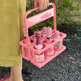 Pink girl heart picnic camping outdoor folding beverage beer handle basket, coffee milk tea portable storage basket