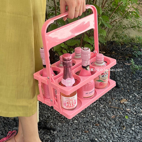 Pink girl heart picnic camping outdoor folding beverage beer handle basket, coffee milk tea portable storage basket