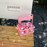 Pink girl heart picnic camping outdoor folding beverage beer handle basket, coffee milk tea portable storage basket